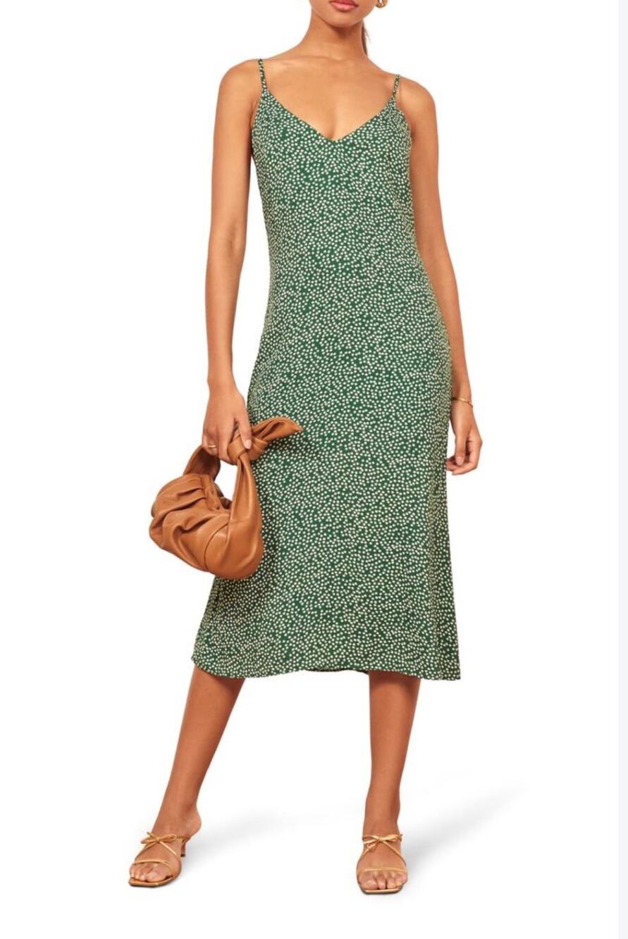 Reformation Alexandra Dress Size 6 Green White Floral Midi Slip Dress EUC